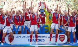 Arsenal Women celebrate their 2025 UEFA Champions League victory over Lyon in Bilbao.