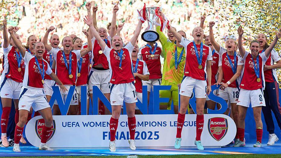 Arsenal Women celebrate their 2025 UEFA Champions League victory over Lyon in Bilbao.