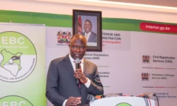 IEBC chairperson, Erastus Ethekon speaking during a consultative forum with senior officials from the Interior Ministry on Friday, May 15, 2026.