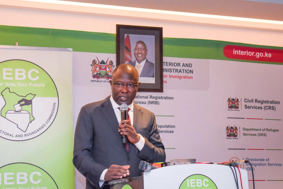 IEBC chairperson, Erastus Ethekon speaking during a consultative forum with senior officials from the Interior Ministry on Friday, May 15, 2026.