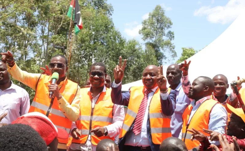 Malava MP David Ndakwa, Energy and Petroleum Cabinet Secretary Opiyo Wandayi, Kakamega deputy governor Ayub Savula, Migori senator Eddy Oketch at Malava constituency during last mile connectivity of electricity
