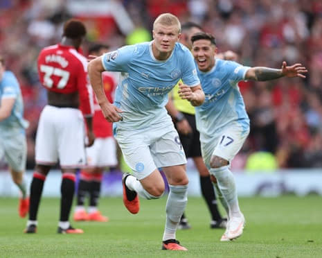 Erling Haaland of Manchester City celebrates his goal. Photograph: Alex Livesey/Danehouse/Getty Images